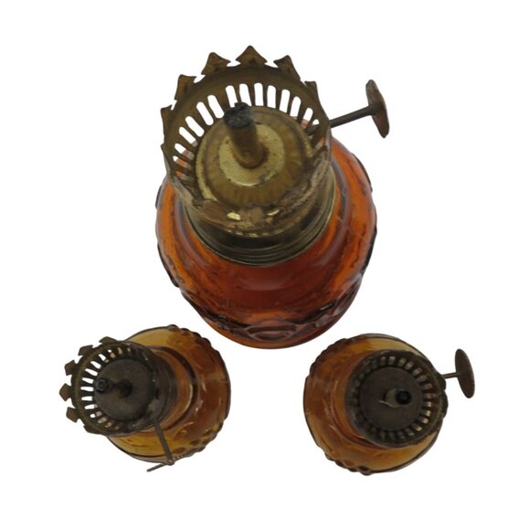 AMBER Glass Miniature Oil LAMP Trio With Hand-Painted Detailing Vintage - Picture 7 of 11